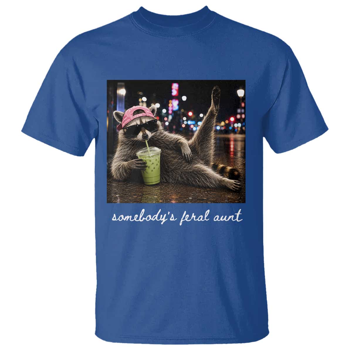 Somebody's Feral Aunt T Shirt Raccoon Drinking Iced Matcha Latte Sarcastic Animal Humor