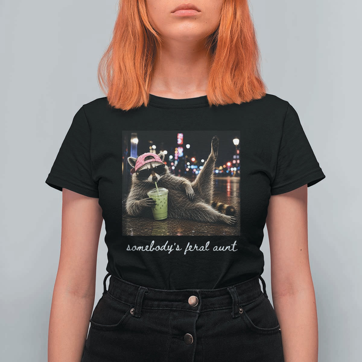 Somebody's Feral Aunt T Shirt For Women Raccoon Drinking Iced Matcha Latte Sarcastic Animal Humor