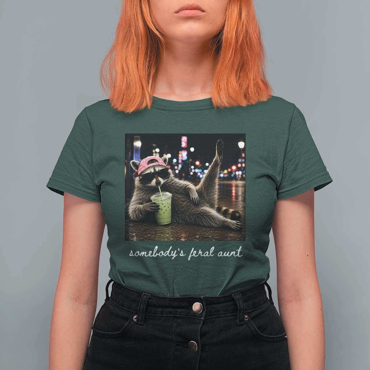Somebody's Feral Aunt T Shirt For Women Raccoon Drinking Iced Matcha Latte Sarcastic Animal Humor