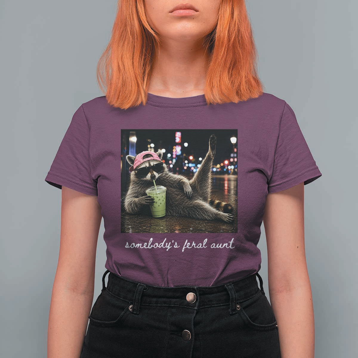 Somebody's Feral Aunt T Shirt For Women Raccoon Drinking Iced Matcha Latte Sarcastic Animal Humor