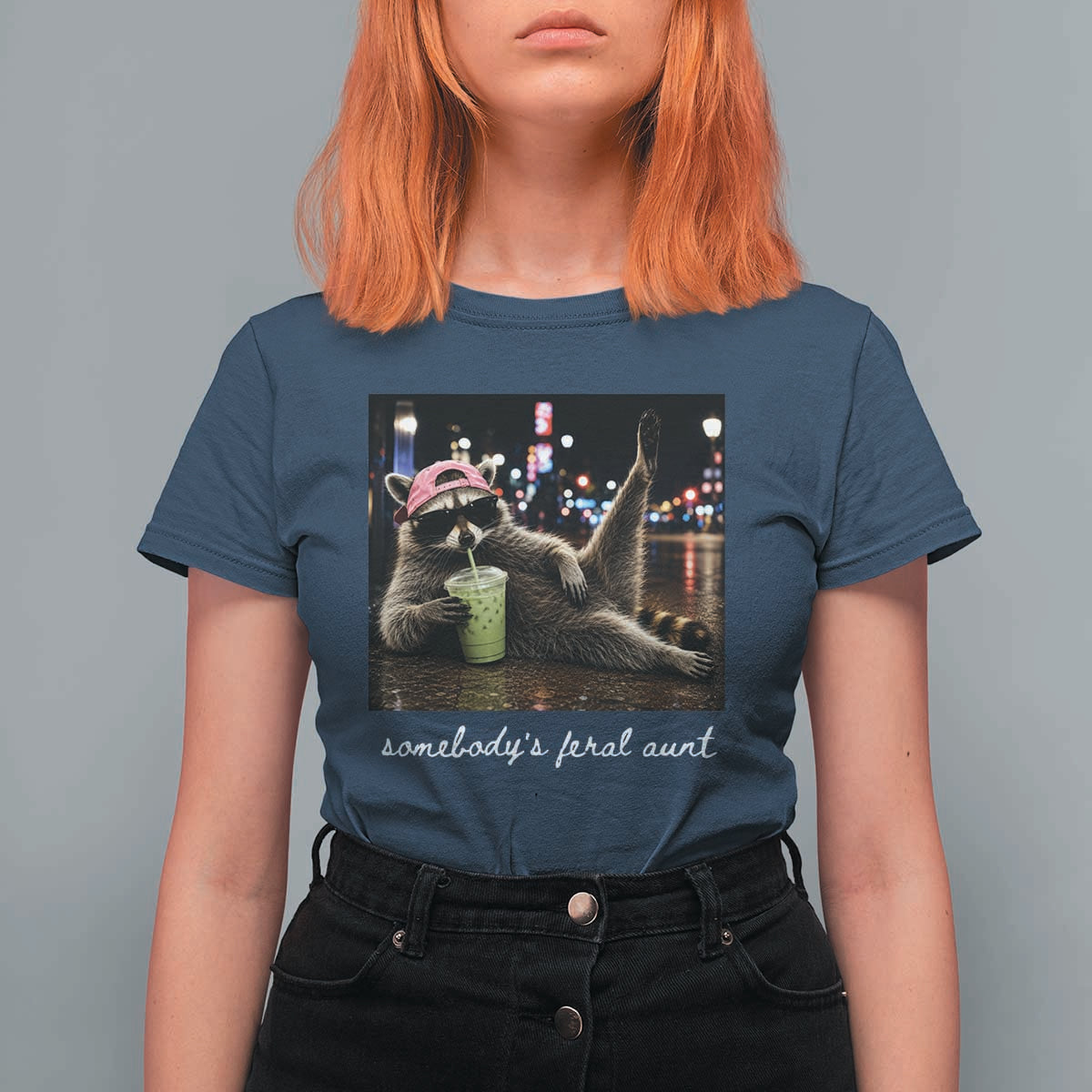 Somebody's Feral Aunt T Shirt For Women Raccoon Drinking Iced Matcha Latte Sarcastic Animal Humor