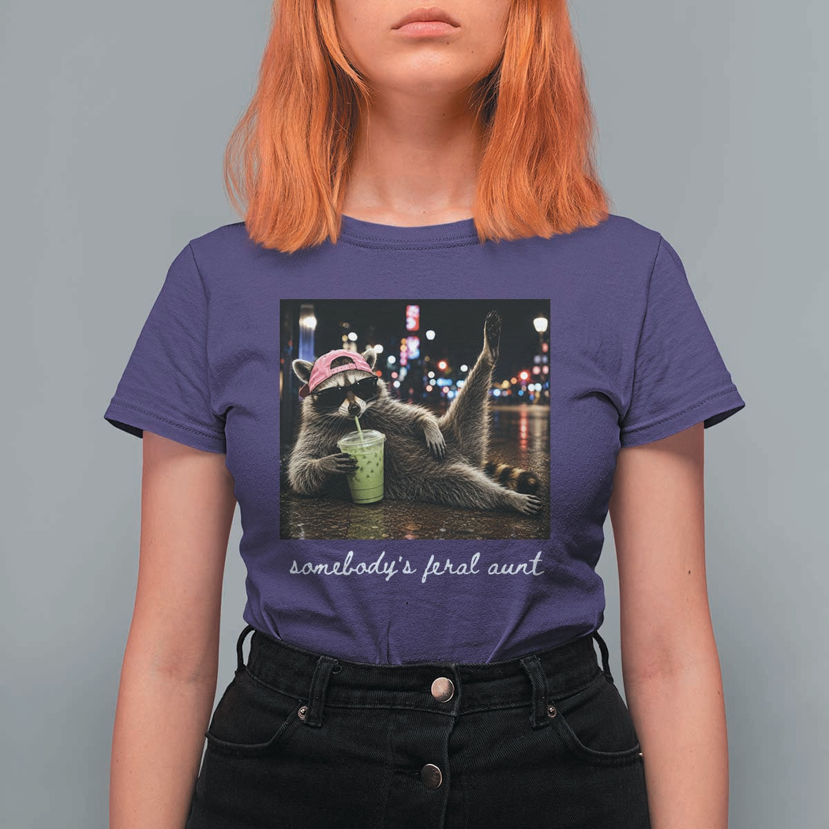 Somebody's Feral Aunt T Shirt For Women Raccoon Drinking Iced Matcha Latte Sarcastic Animal Humor