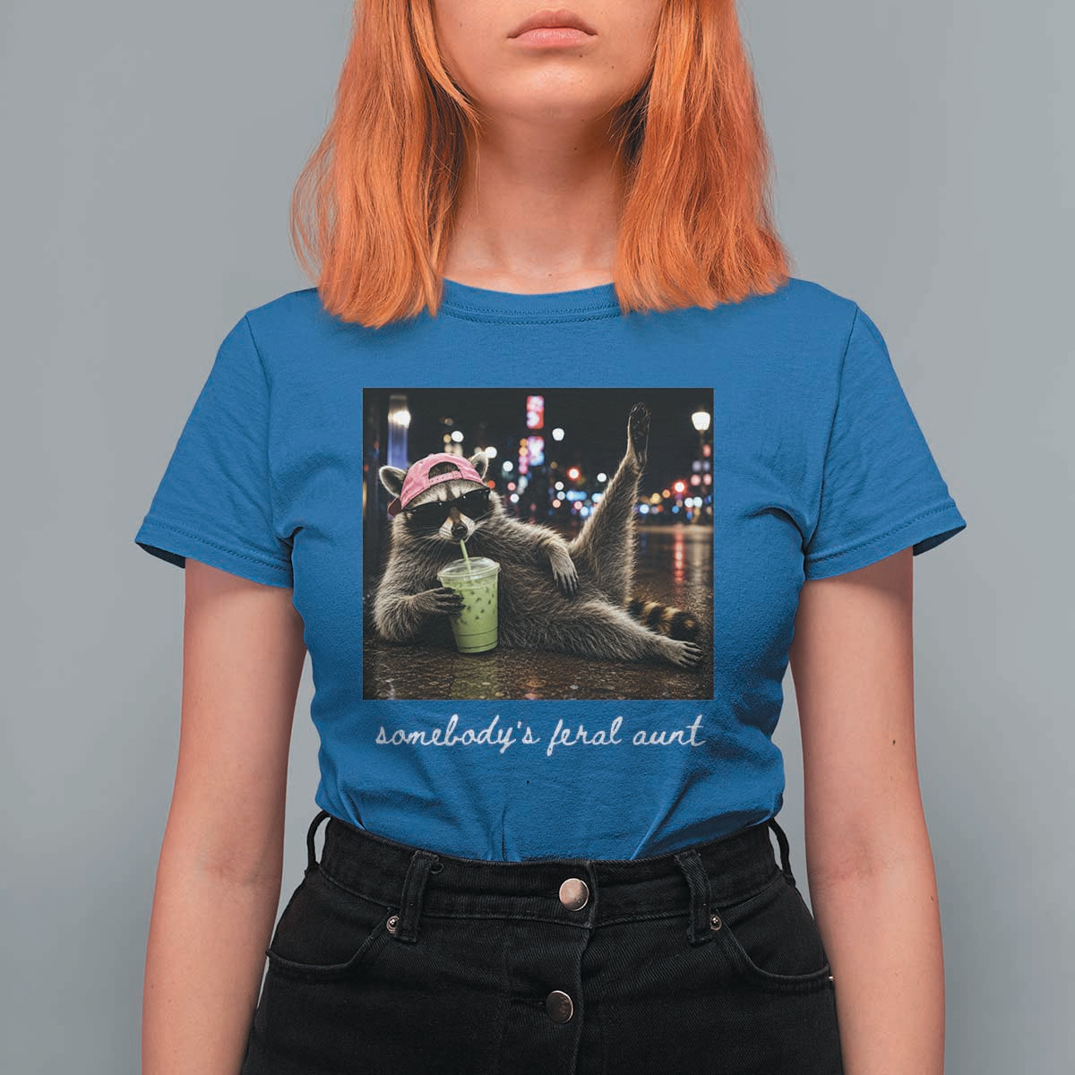 Somebody's Feral Aunt T Shirt For Women Raccoon Drinking Iced Matcha Latte Sarcastic Animal Humor
