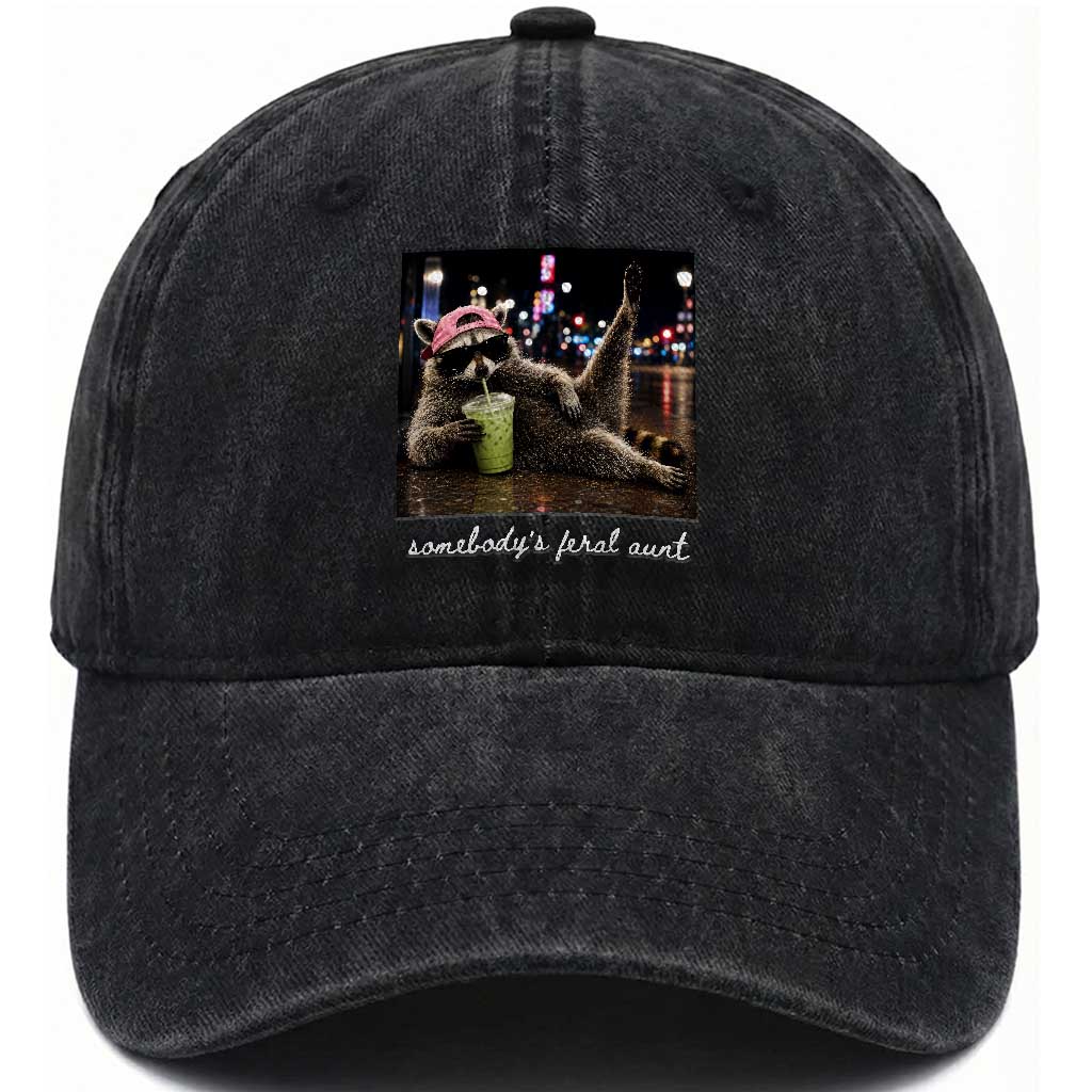 Somebody's Feral Aunt Washed Cotton Baseball Cap Raccoon Drinking Iced Matcha Latte Sarcastic Animal Humor