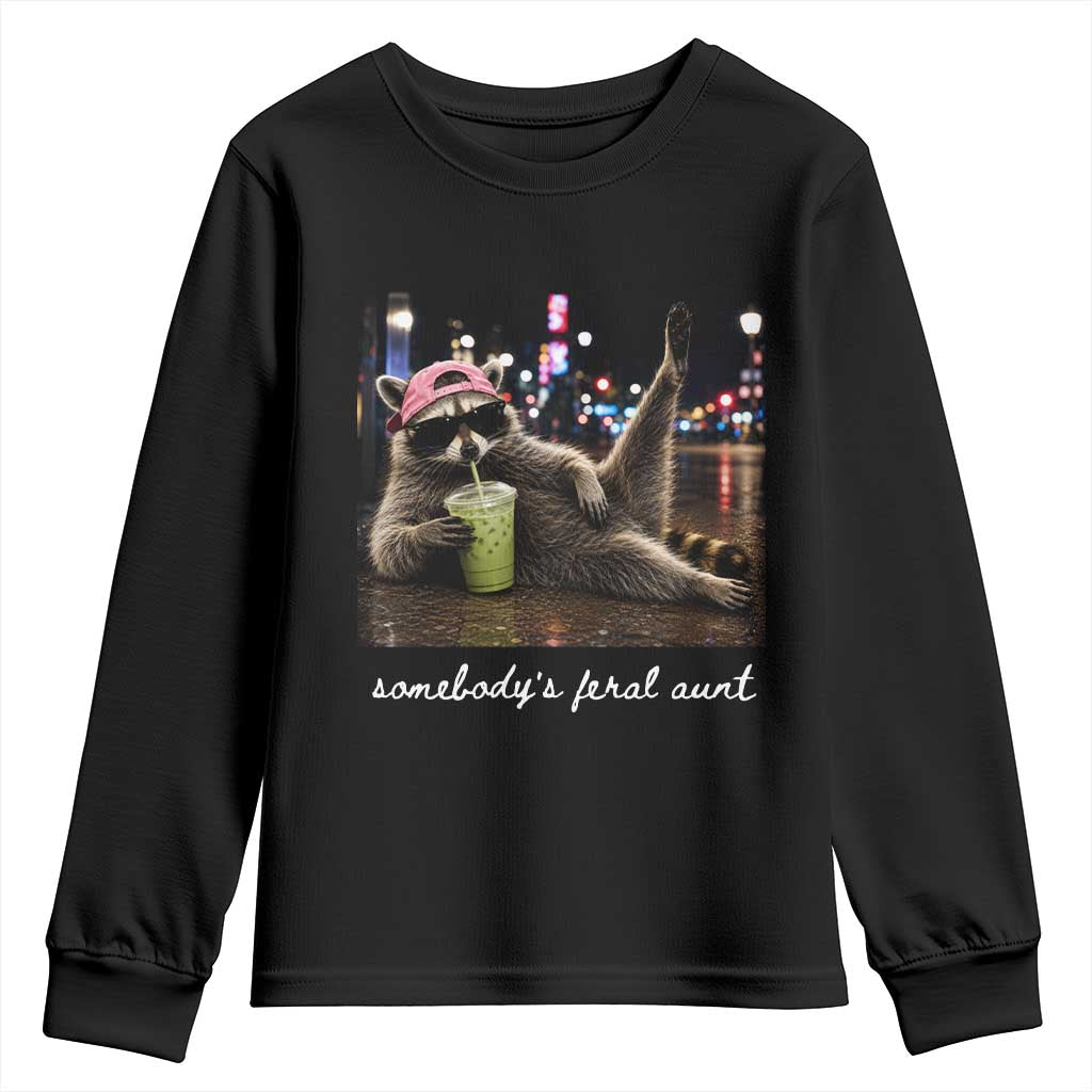 Somebody's Feral Aunt Youth Sweatshirt Raccoon Drinking Iced Matcha Latte Sarcastic Animal Humor
