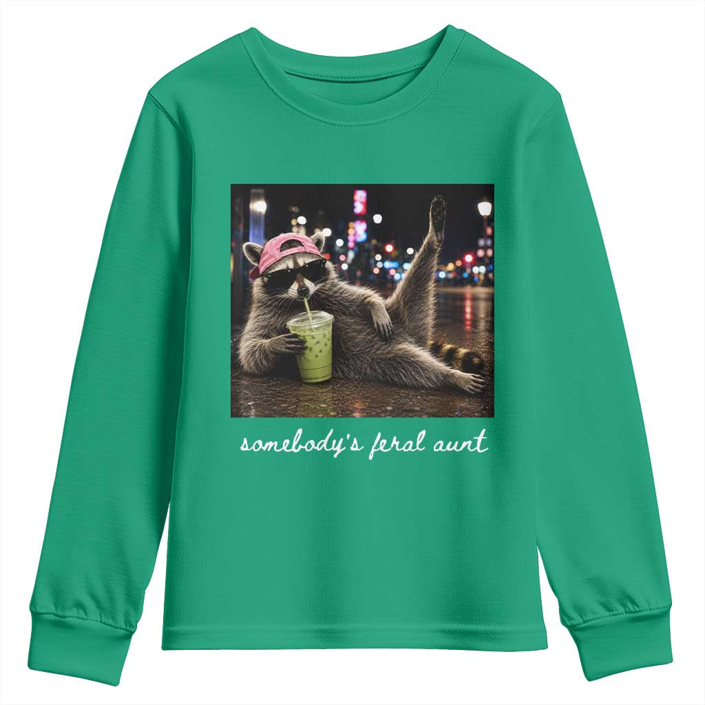 Somebody's Feral Aunt Youth Sweatshirt Raccoon Drinking Iced Matcha Latte Sarcastic Animal Humor