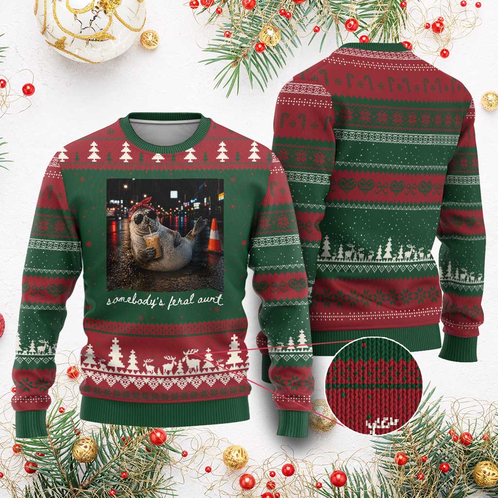 Somebody's Feral Aunt Ugly Christmas Sweater Funny Neil The Seal Meme
