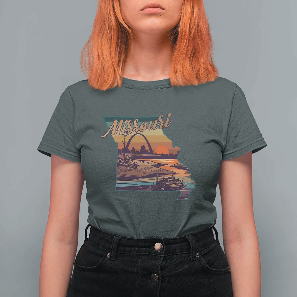Retro Gateway Arch St Louis Missouri Map Outline T Shirt For Women