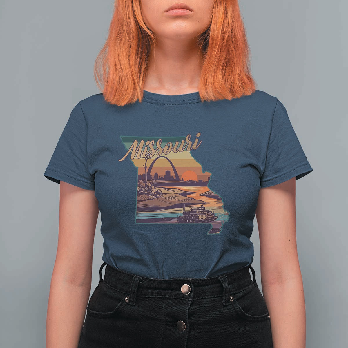 Retro Gateway Arch St Louis Missouri Map Outline T Shirt For Women