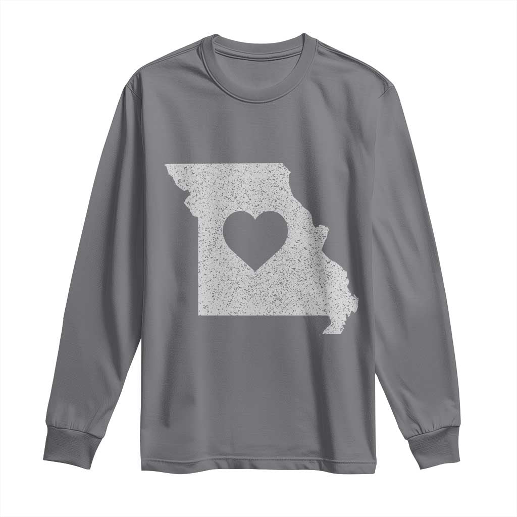 Missouri Home Distressed Missouri State Map with Heart Long Sleeve Shirt