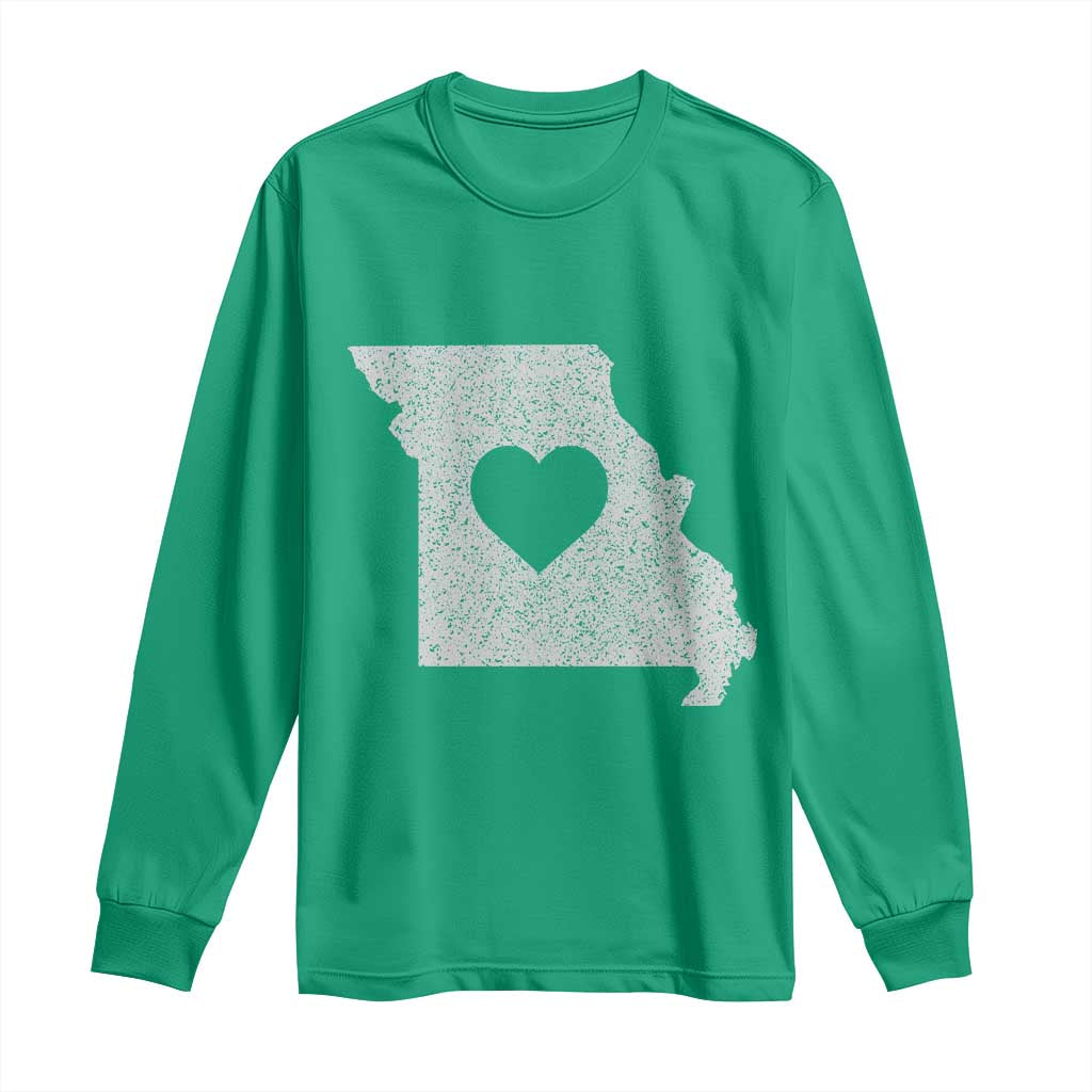 Missouri Home Distressed Missouri State Map with Heart Long Sleeve Shirt