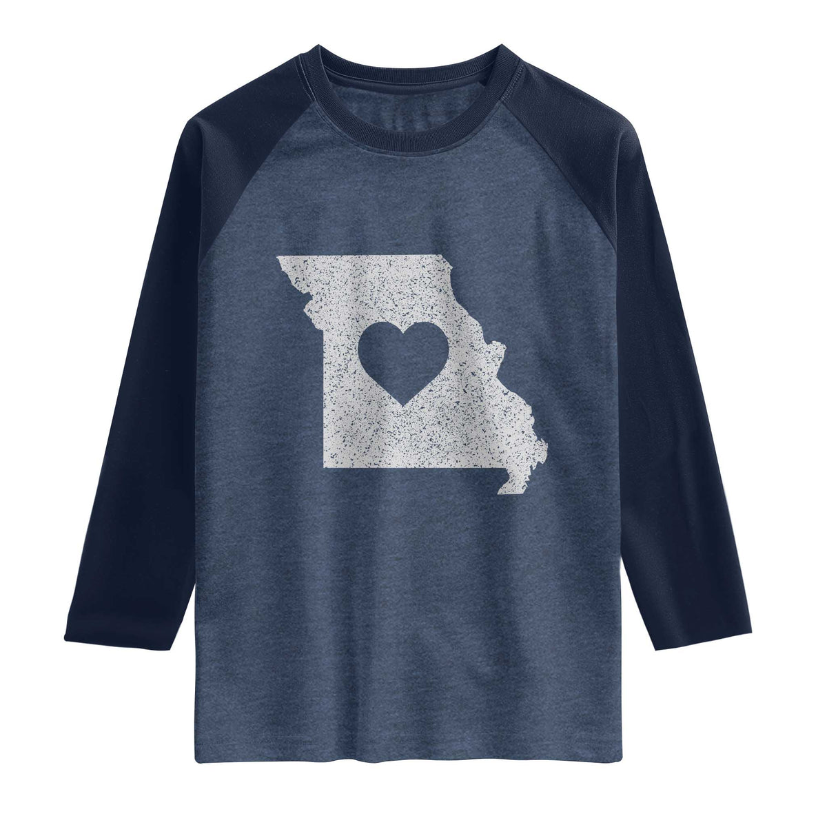 Missouri Home Distressed Missouri State Map with Heart Raglan Shirt