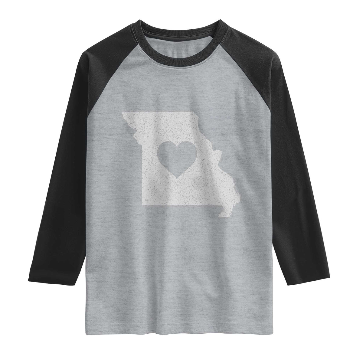 Missouri Home Distressed Missouri State Map with Heart Raglan Shirt
