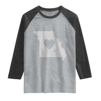 Missouri Home Distressed Missouri State Map with Heart Raglan Shirt