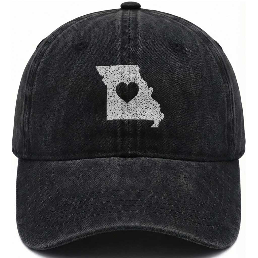Missouri Home Distressed Missouri State Map with Heart Washed Cotton Baseball Cap