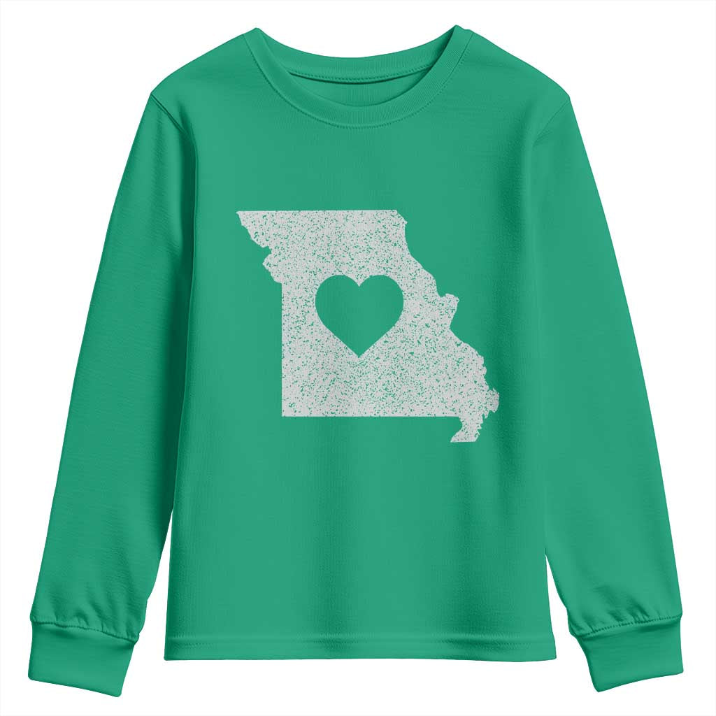 Missouri Home Distressed Missouri State Map with Heart Youth Sweatshirt