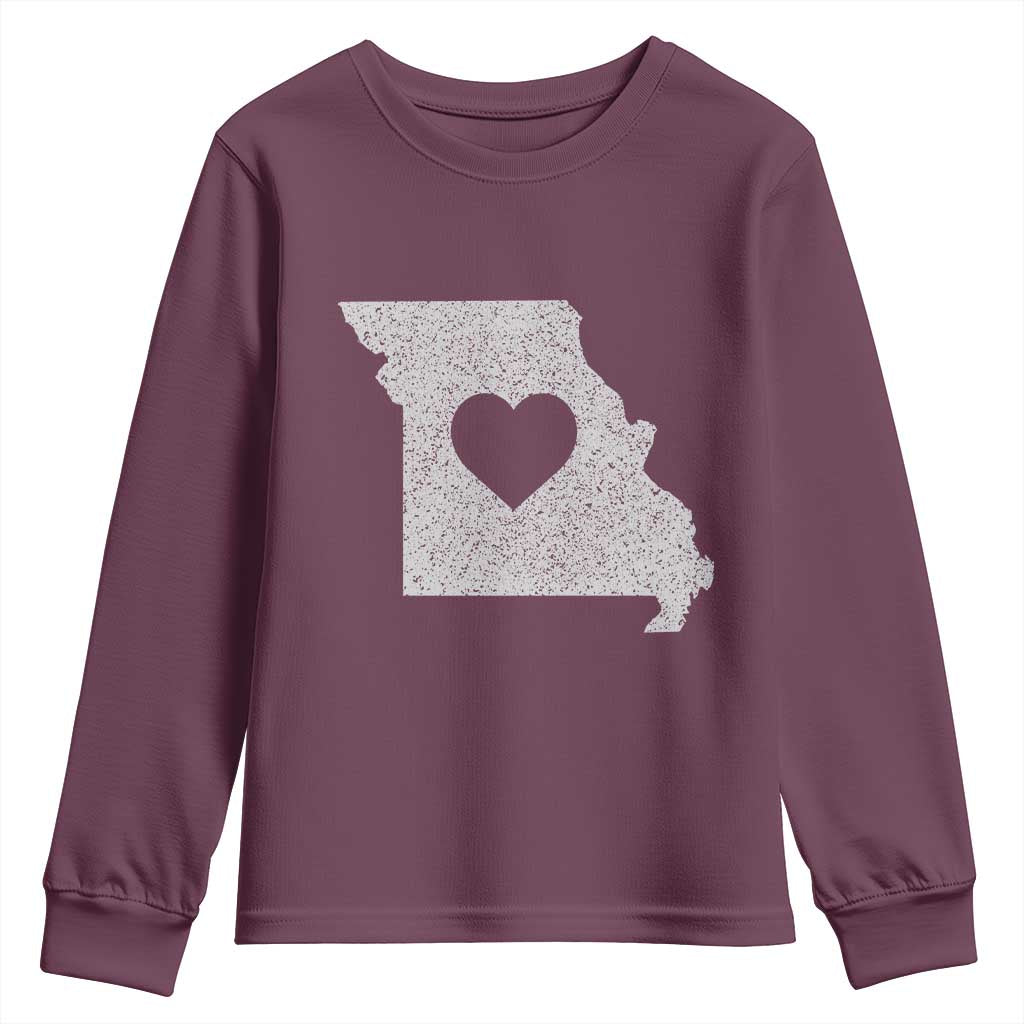 Missouri Home Distressed Missouri State Map with Heart Youth Sweatshirt