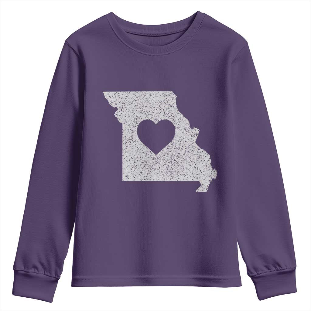 Missouri Home Distressed Missouri State Map with Heart Youth Sweatshirt