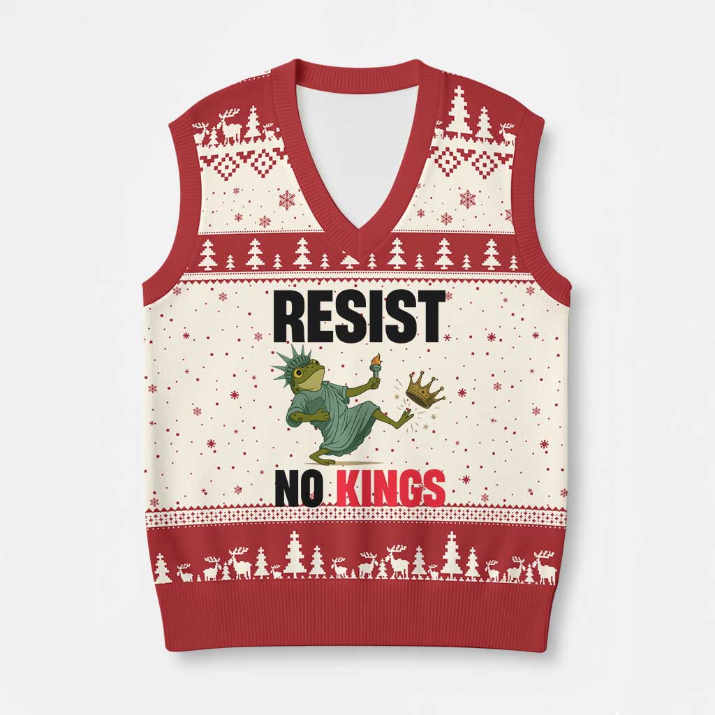 Resist Frog V-Neck Knit Sweater Vest No Kings In America Political 2025 - Wonder Print Shop