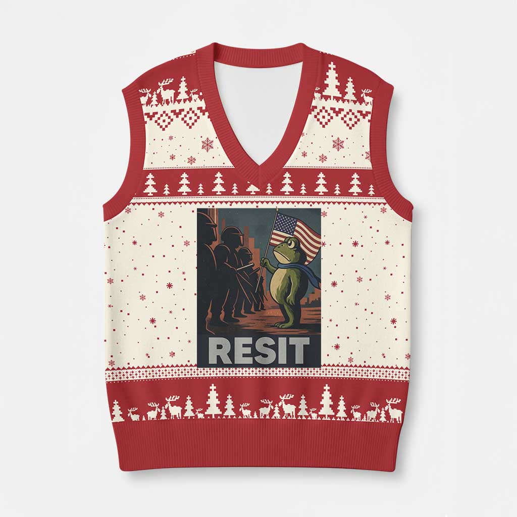 Resist Frog V-Neck Knit Sweater Vest Portland Frog Activist America Political 2025 - Wonder Print Shop