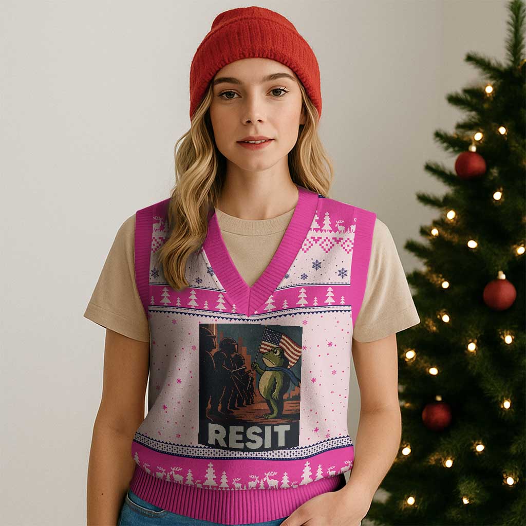 Resist Frog V-Neck Knit Sweater Vest Portland Frog Activist America Political 2025 - Wonder Print Shop