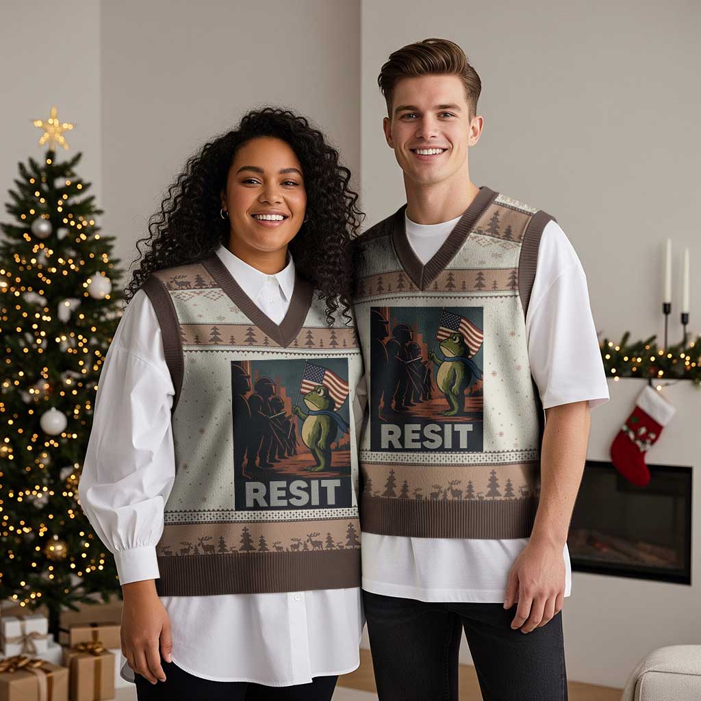 Resist Frog V-Neck Knit Sweater Vest Portland Frog Activist America Political 2025 - Wonder Print Shop