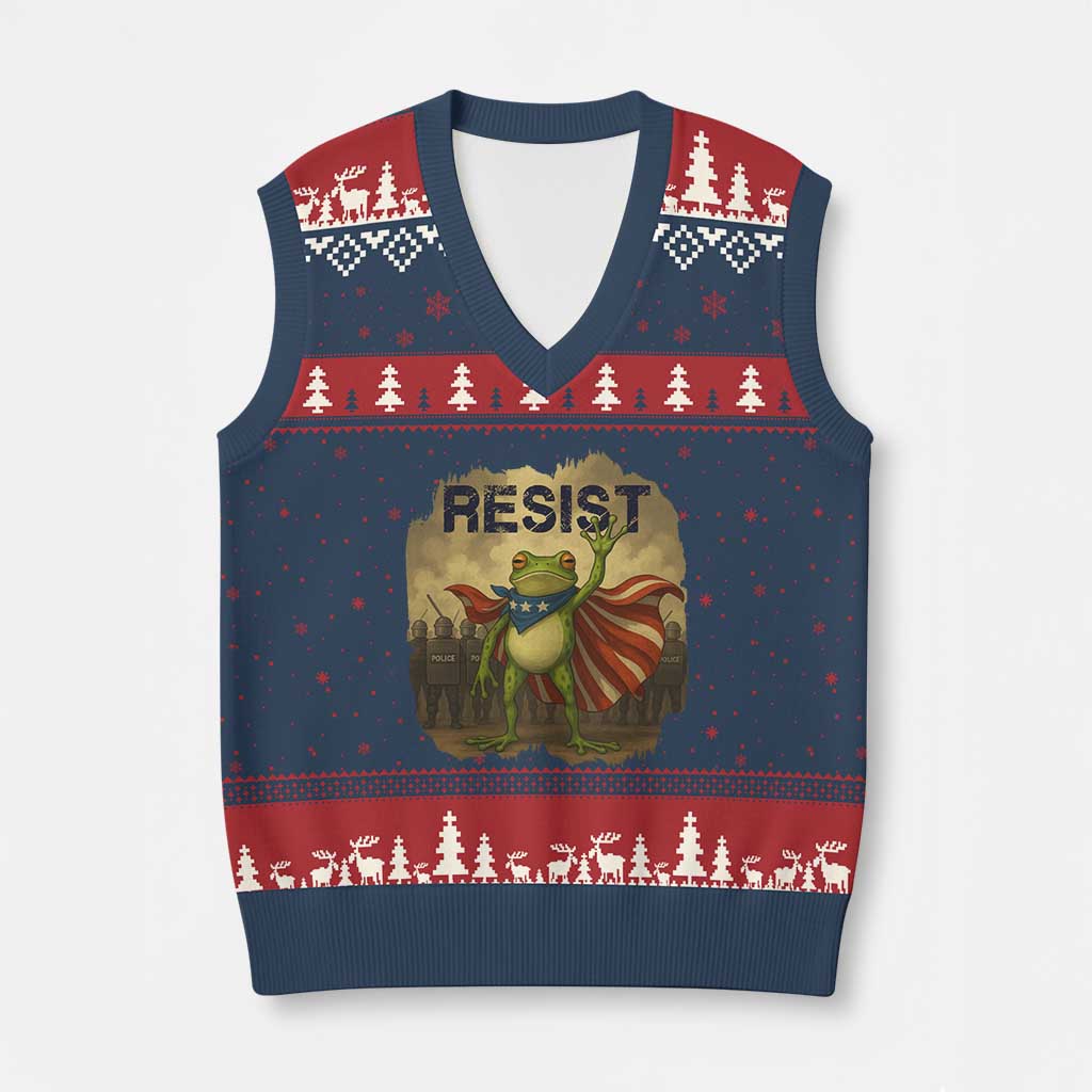 Resist Frog Christian Xmas V-Neck Knit Sweater Vest Funny Polittical 2025 Meme - Wonder Print Shop