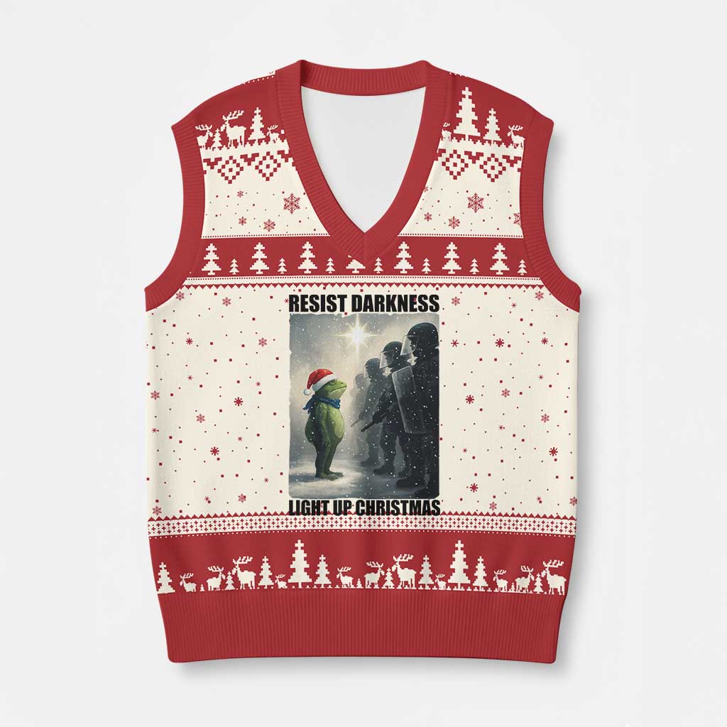 Frogs Resist Xmas V-Neck Knit Sweater Vest Funny Portland Protest ICE Activist Meme - Wonder Print Shop