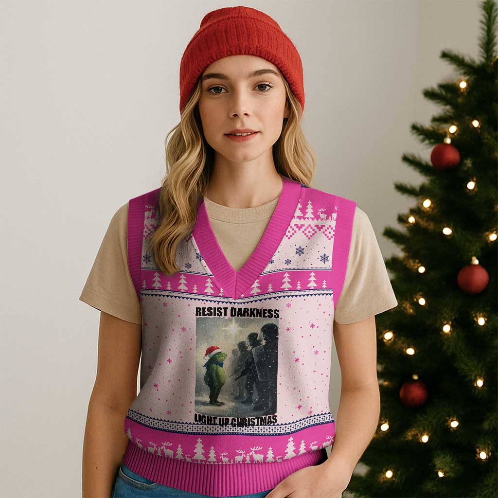 Frogs Resist Xmas V-Neck Knit Sweater Vest Funny Portland Protest ICE Activist Meme - Wonder Print Shop
