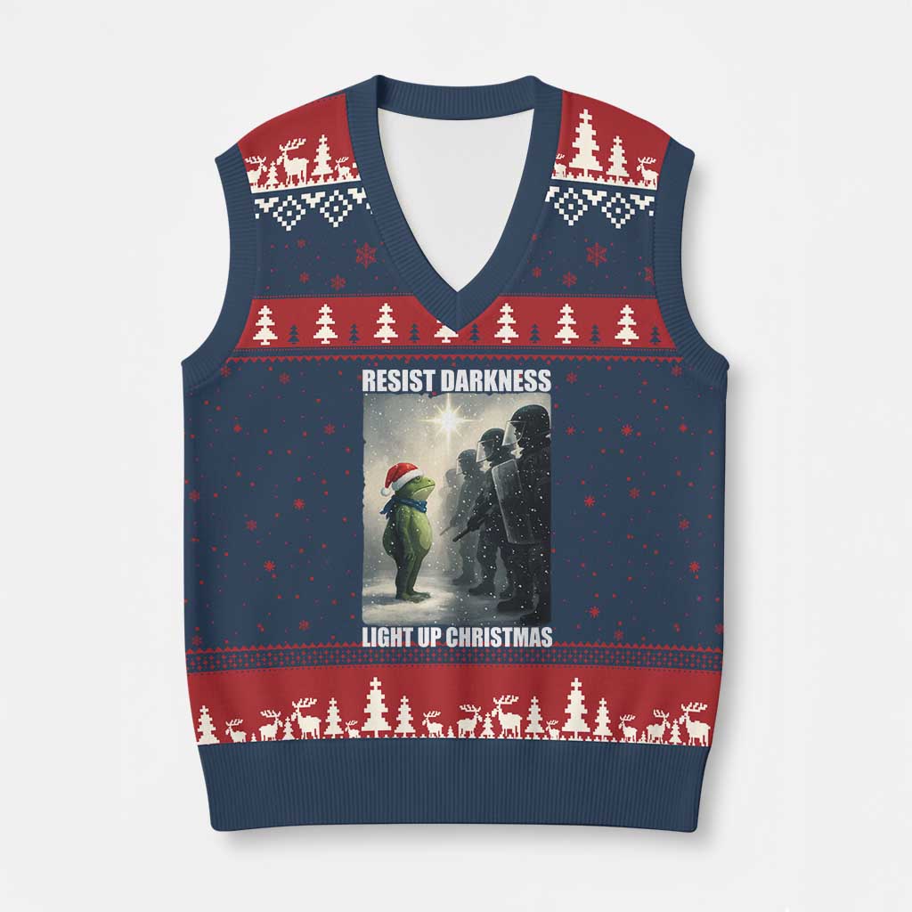 Resist Frog Xmas V-Neck Knit Sweater Vest Funny Portland Protest ICE Activist Meme - Wonder Print Shop