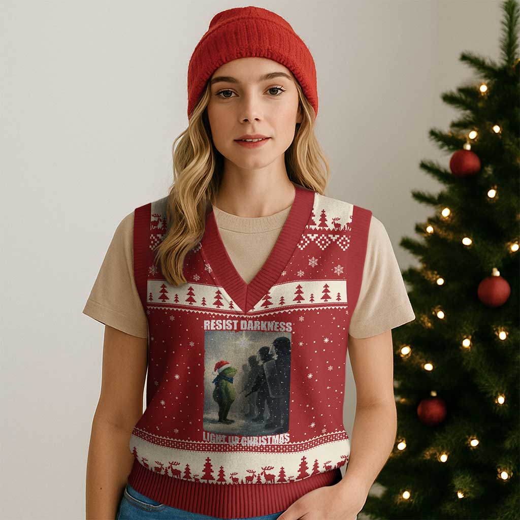 Resist Frog Xmas V-Neck Knit Sweater Vest Funny Portland Protest ICE Activist Meme - Wonder Print Shop