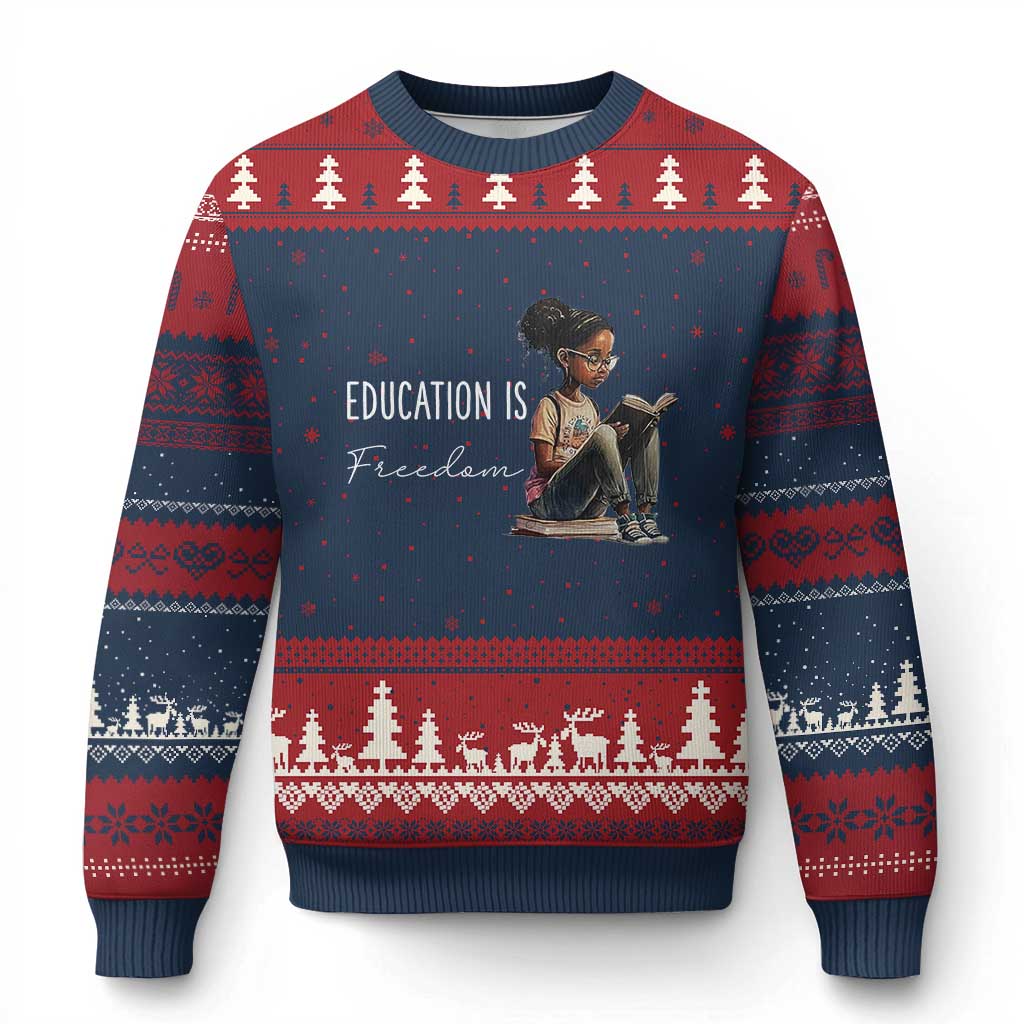 Education Freedom Ugly Christmas Sweater Black Teacher Books - Wonder Print Shop