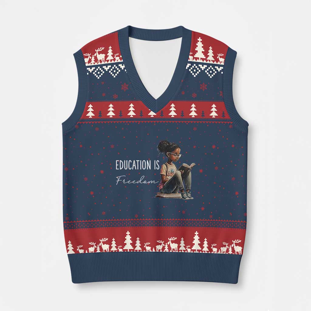 Education Freedom V-Neck Knit Sweater Vest Black Teacher Books - Wonder Print Shop