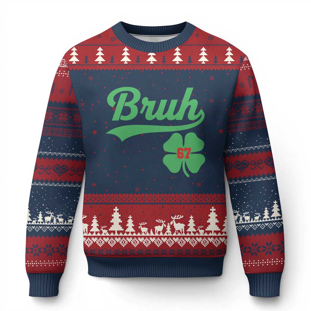 67 Bruh St Patricks Day Ugly Christmas Sweater Funny Six Seven Shamrock Meme
