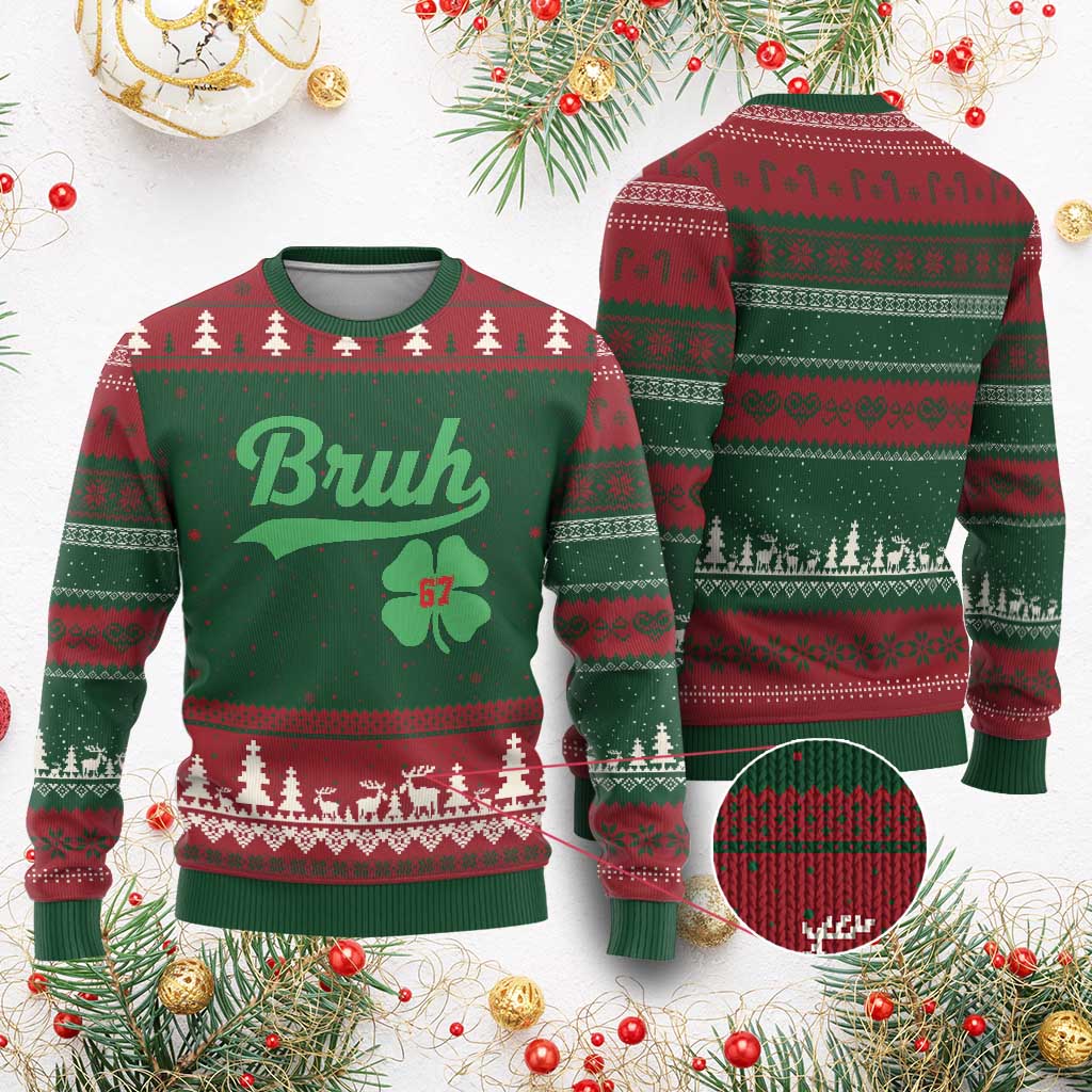 67 Bruh St Patricks Day Ugly Christmas Sweater Funny Six Seven Shamrock Meme