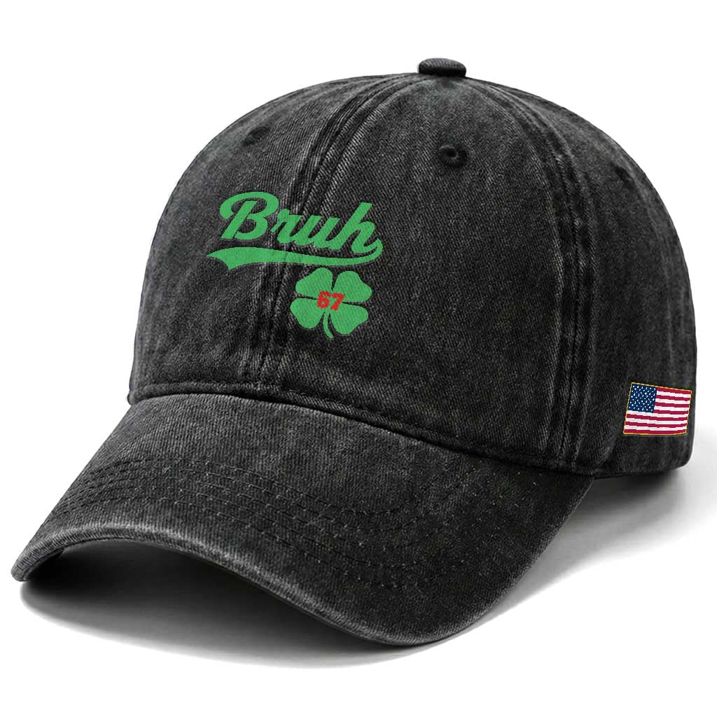 67 Bruh St Patricks Day Washed Cotton Baseball Cap Funny Six Seven Shamrock Meme