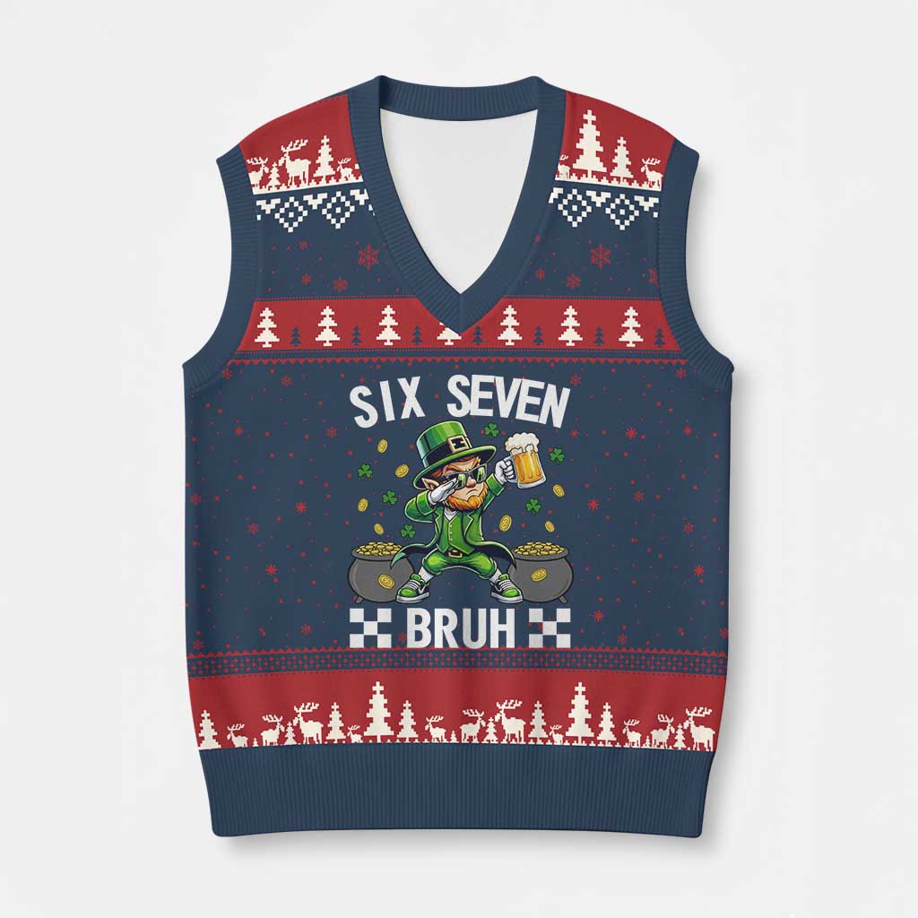 67 Bruh St Patricks Day V-Neck Knit Sweater Vest Funny Six Seven Leprechaun Bruh Meme