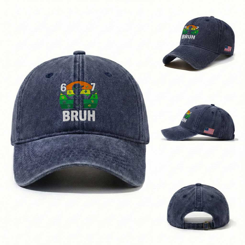 67 Bruh St Patricks Day Washed Cotton Baseball Cap Funny Six Seven Boys Kids Meme