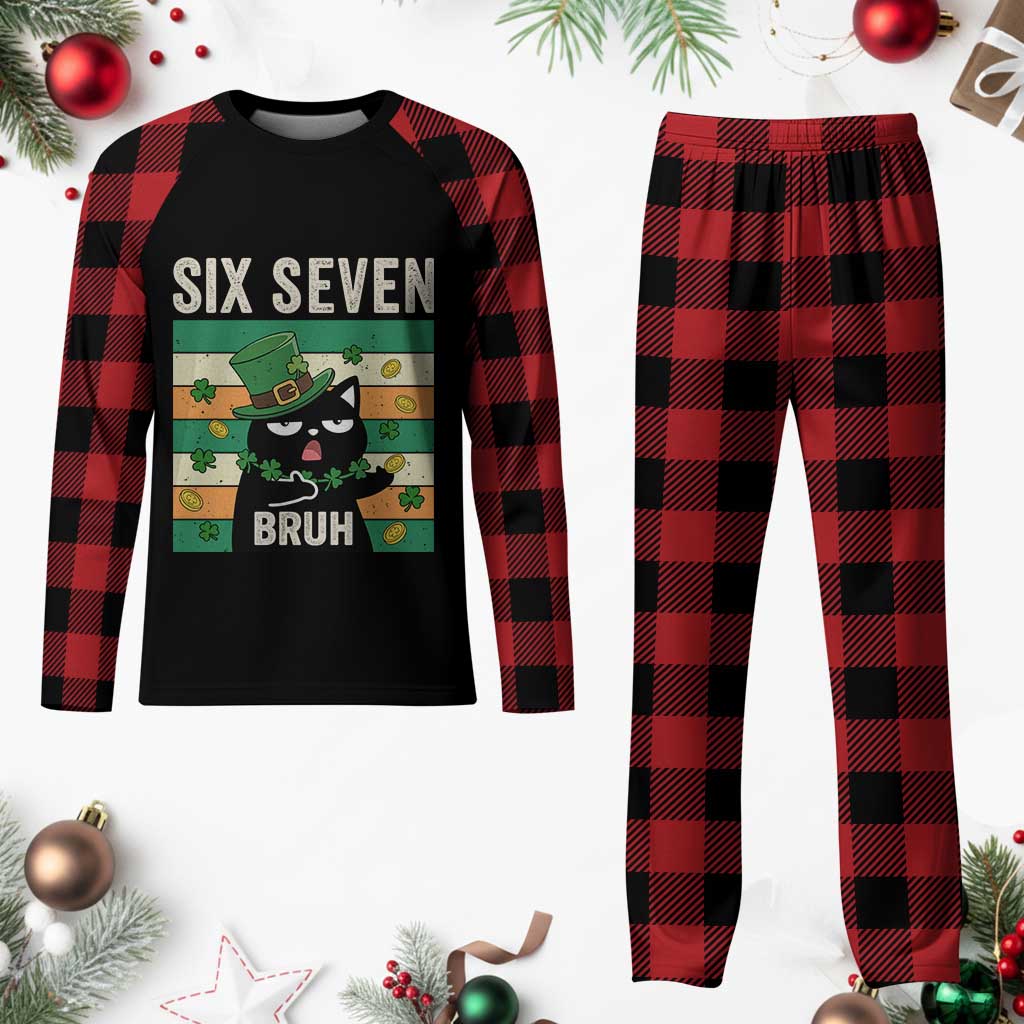 67 Bruh St Patricks Day Plaid Pajama Set Funny Cat Bruh Six Seven Meme