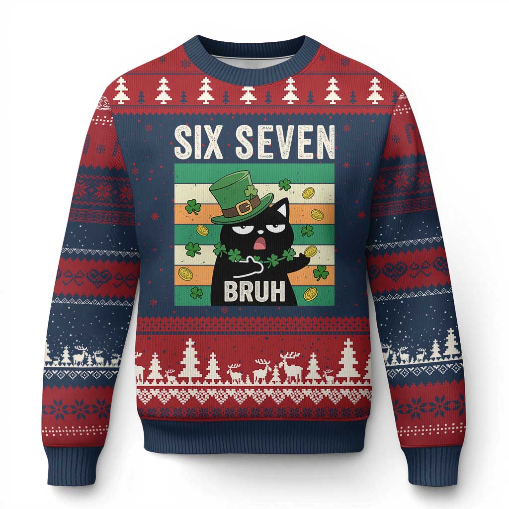67 Bruh St Patricks Day Ugly Christmas Sweater Funny Cat Bruh Six Seven Meme