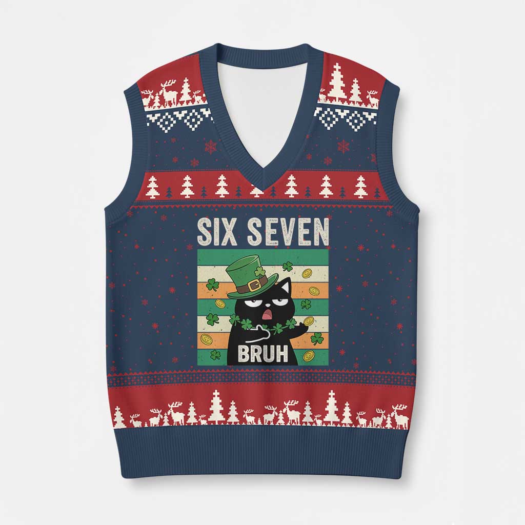67 Bruh St Patricks Day V-Neck Knit Sweater Vest Funny Cat Bruh Six Seven Meme