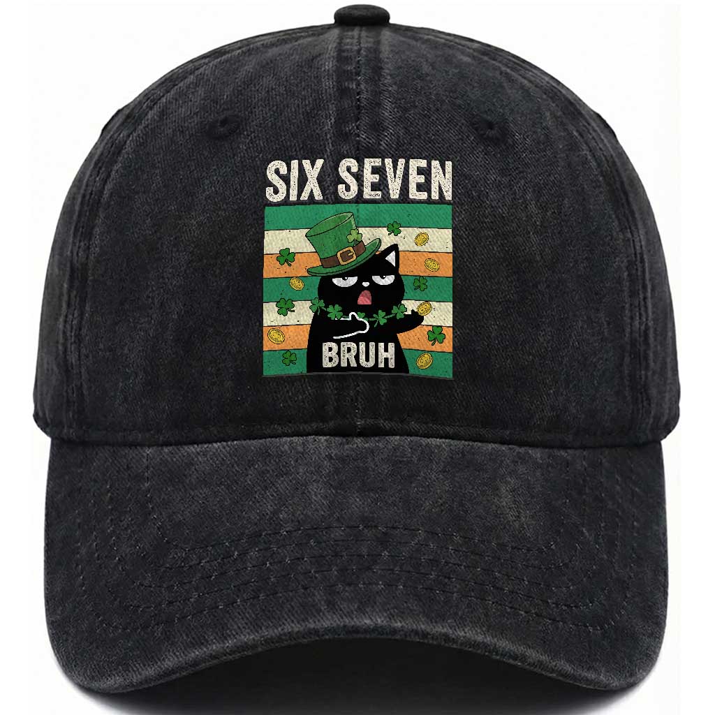 67 Bruh St Patricks Day Washed Cotton Baseball Cap Funny Cat Bruh Six Seven Meme