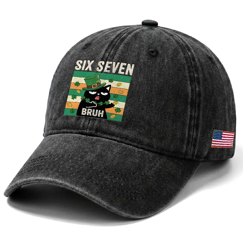 67 Bruh St Patricks Day Washed Cotton Baseball Cap Funny Cat Bruh Six Seven Meme