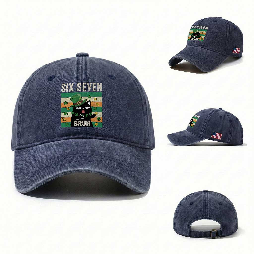 67 Bruh St Patricks Day Washed Cotton Baseball Cap Funny Cat Bruh Six Seven Meme
