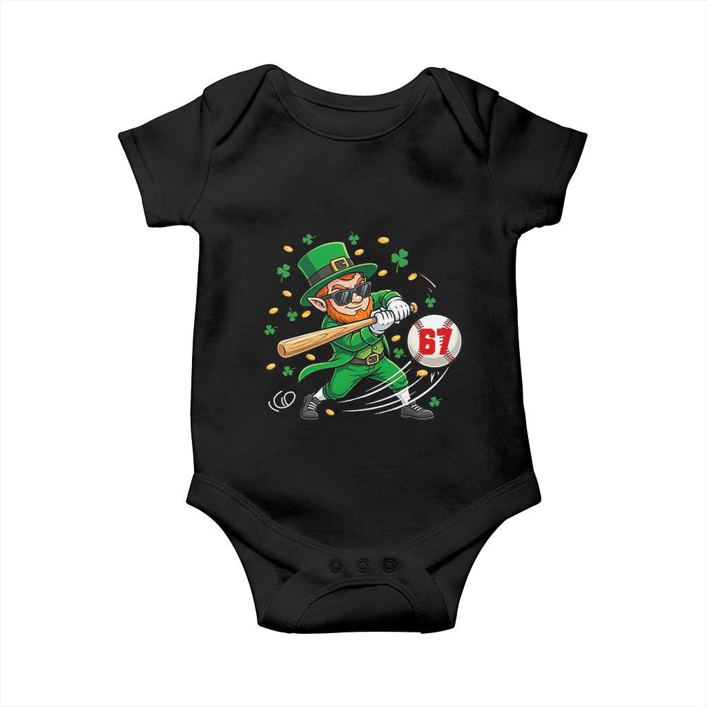 67 St Patricks Day Baby Onesie Funny Six Seven Leprechaun Playing Baseball Meme