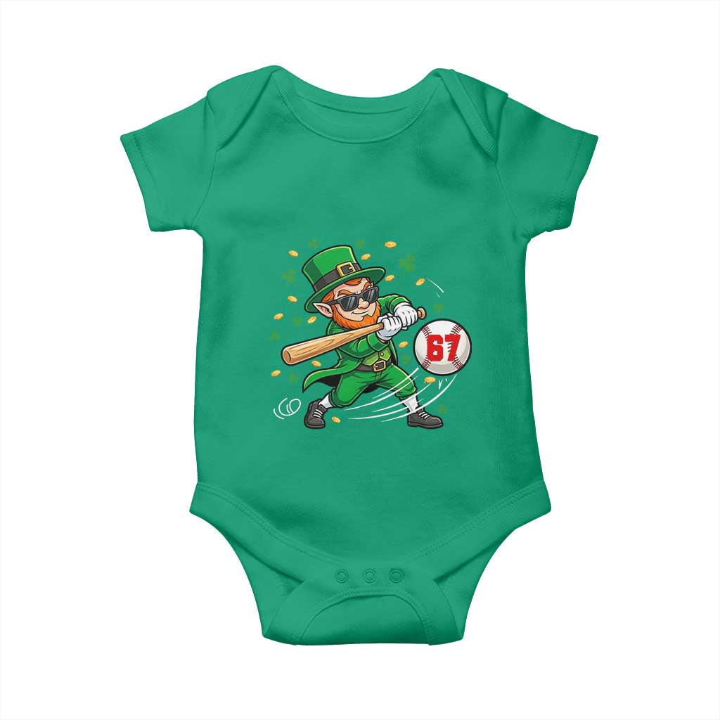 67 St Patricks Day Baby Onesie Funny Six Seven Leprechaun Playing Baseball Meme