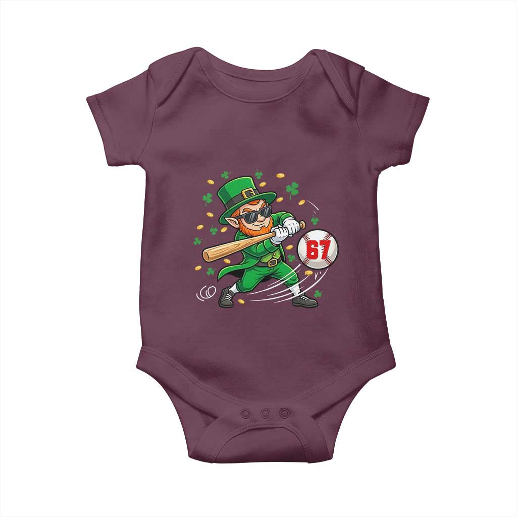67 St Patricks Day Baby Onesie Funny Six Seven Leprechaun Playing Baseball Meme