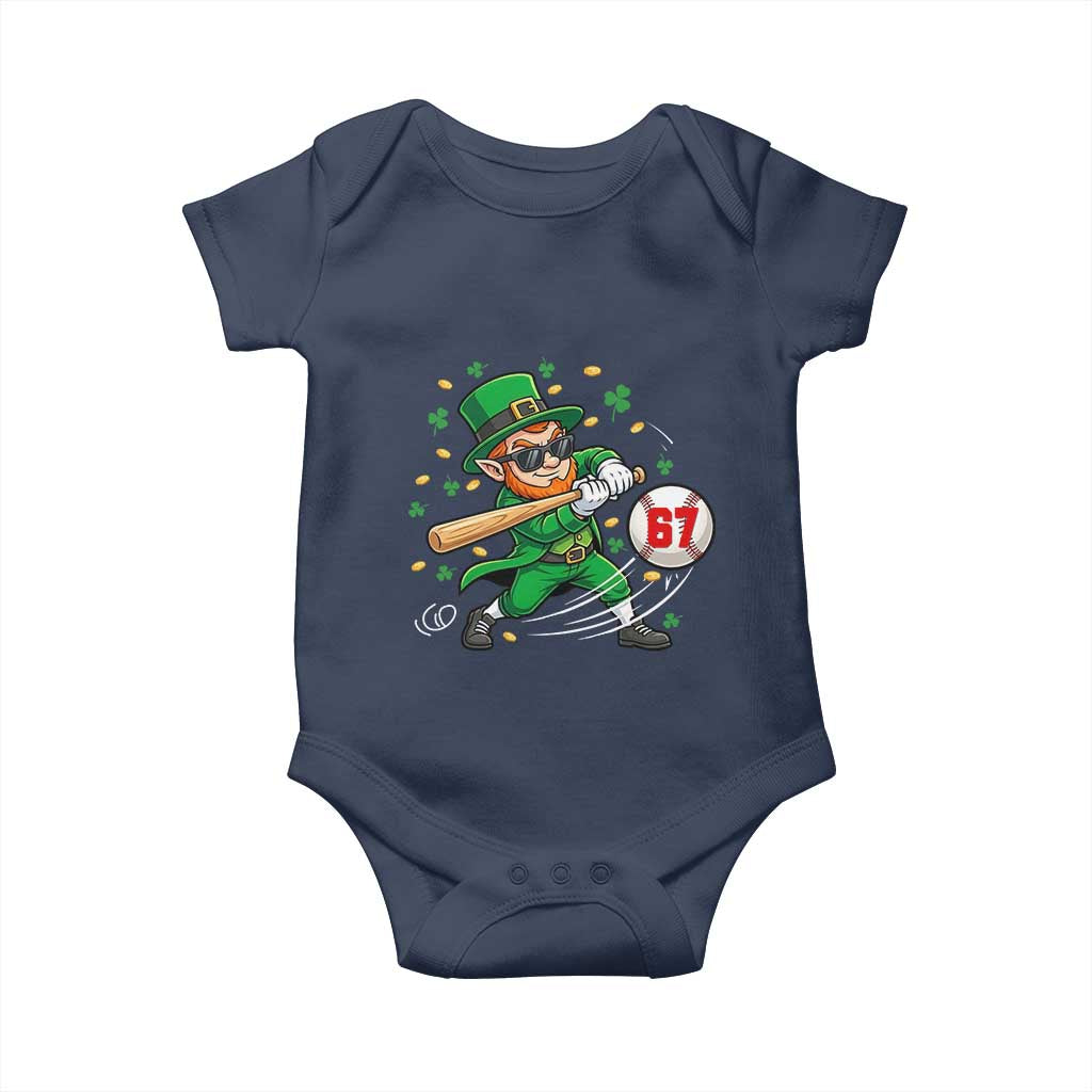 67 St Patricks Day Baby Onesie Funny Six Seven Leprechaun Playing Baseball Meme