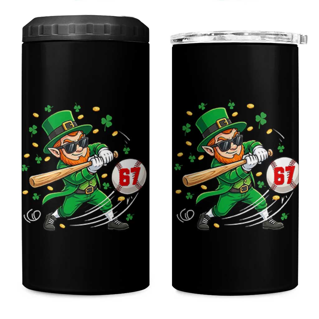 67 St Patricks Day 4 in 1 Can Cooler Tumbler Funny Six Seven Leprechaun Playing Baseball Meme