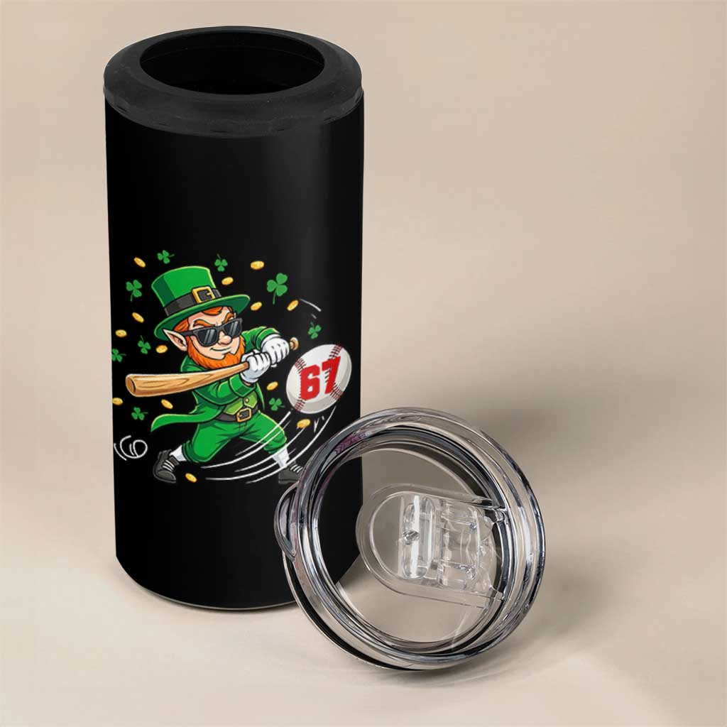 67 St Patricks Day 4 in 1 Can Cooler Tumbler Funny Six Seven Leprechaun Playing Baseball Meme